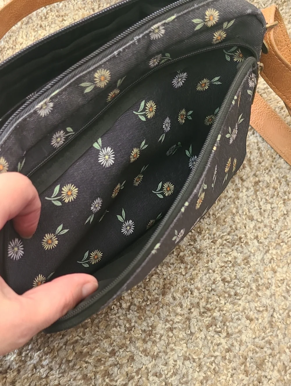 thirty-one Charcoal Floral Crossbody with Tan Strap